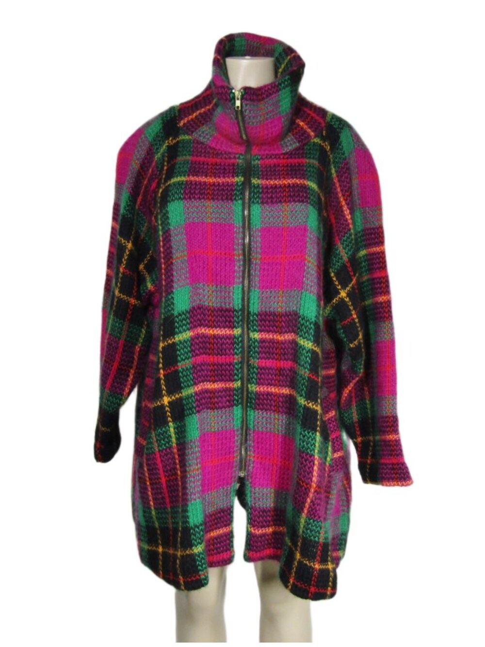 VTG Magnolia 80s Plaid 100% Wool FUNNEL Neck Vibrant Rad Pink Green Coat M L